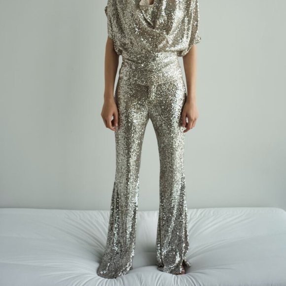 Nwt Zara Sequinned Flared Trousers S 